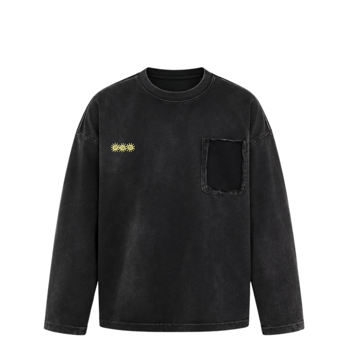 Ripped Pocket Long Sleeve Tee - Washed Black/Grey