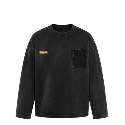 Ripped Pocket Long Sleeve Tee - Washed Black/Grey